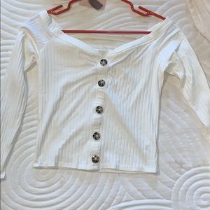 White long sleeve off the shoulder button up.